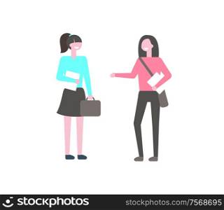 Campus students, two girls with papers and bags isolated on white background. College learners talking, school friends in cartoon style, vector pupils. Campus Student Girls. Papers and Bags Isolated