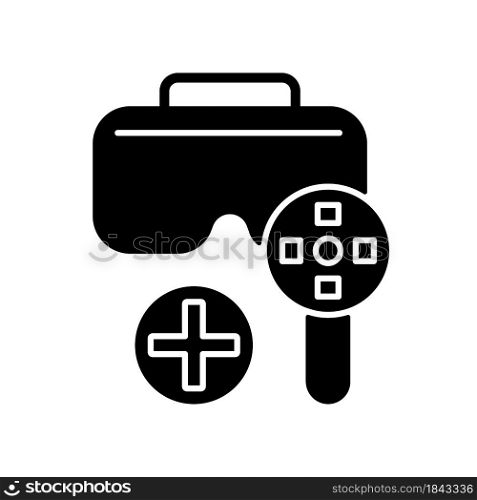 Can be used with a game controller black glyph manual label icon. Vr headset with eye tracking sensors. Silhouette symbol on white space. Vector isolated illustration for product use instructions. Can be used with a game controller black glyph manual label icon