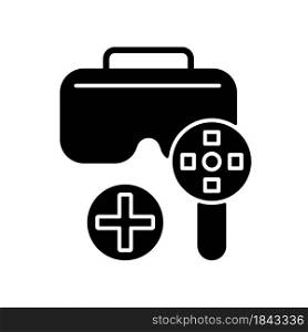 Can be used with a game controller black glyph manual label icon. Vr headset with eye tracking sensors. Silhouette symbol on white space. Vector isolated illustration for product use instructions. Can be used with a game controller black glyph manual label icon