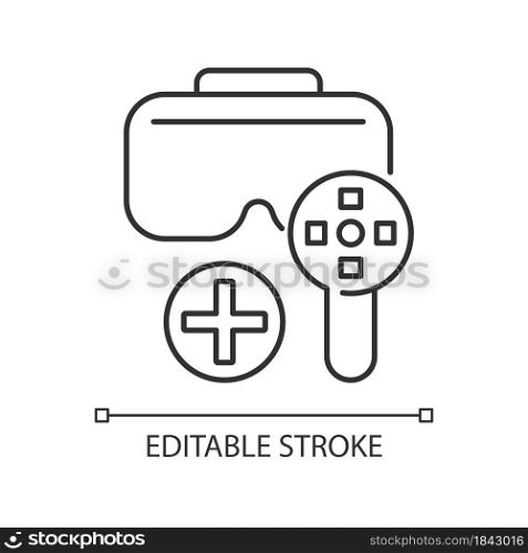 Can be used with a game controller linear manual label icon. Thin line customizable illustration. Contour symbol. Vector isolated outline drawing for product use instructions. Editable stroke. Can be used with a game controller linear manual label icon