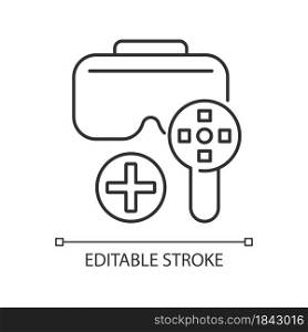 Can be used with a game controller linear manual label icon. Thin line customizable illustration. Contour symbol. Vector isolated outline drawing for product use instructions. Editable stroke. Can be used with a game controller linear manual label icon