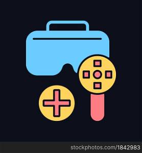 Can be used with game controller RGB color manual label icon for dark theme. Isolated vector illustration on night mode background. Simple filled line drawing on black for product use instructions. Can be used with game controller RGB color manual label icon for dark theme