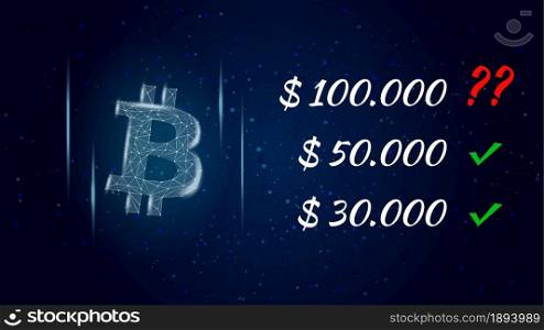 Can Bitcoin BTC hit 100000 dollars polygonal cryptocurrency token symbol and question mark next to the price, coin icon on dark background. Vector illustration for news.