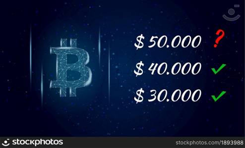 Can Bitcoin BTC hit 50000 dollars polygonal cryptocurrency token symbol and question mark next to the price, coin icon on dark background. Vector illustration for news.