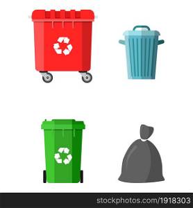 Can container, bag and bucket for garbage. Recycling and utilization equipment. Waste management. Vector illustration in flat style. Can container, bag and bucket for garbage.