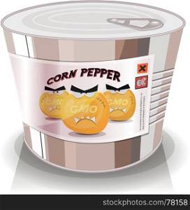 Can Of Gmo Corn Grains. Illustration of cartoon angry poisoned corn grains genetically modified organism inside tin can, symbolizing toxic food and meal from the big industry