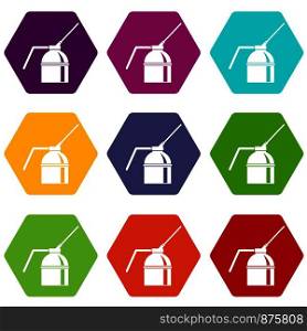 Can of spray paint icon set many color hexahedron isolated on white vector illustration. Can of spray paint icon set color hexahedron