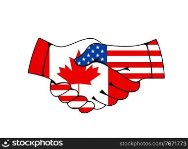 Canada and USA relations, business and trade cooperation vector concept. Countries good relationships and support, states military and political union. Handshaking hands with US and Canadian flags. Canada and USA business and trade cooperation