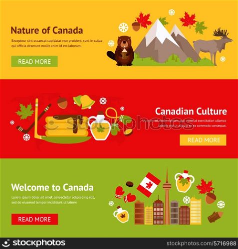 Canada colored flat banner set with nature animals plants culture isolated vector illustration