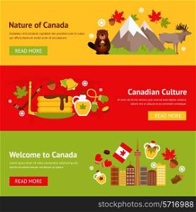 Canada colored flat banner set with nature animals plants culture isolated vector illustration