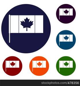 Canada flag with flagpole icons set in flat circle red, blue and green color for web. Canada flag with flagpole icons set