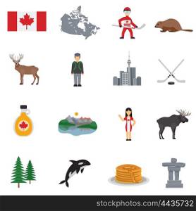 Canada Flat Icons Set. Canada flat icons set with map flag hockey lakes maple syrup tower and animals isolated vector illustration
