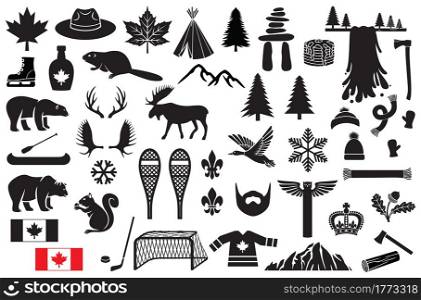 Canada icons set (maple leaf, hockey, mountain, tree, beaver, polar bear, grizzly, waterfall, hockey stick, puck, goal, moose, ranger or mountie hat, skates, snowflake, flag, snowshoe, scarf)