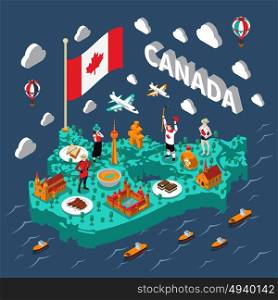Canada Isometric Map. Canada isometric map with touristic sights and transport on blue background vector illustration