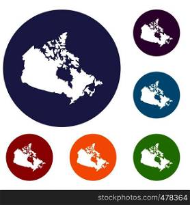 Canada map icons set in flat circle red, blue and green color for web. Canada map icons set