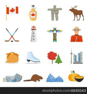 Canada National Symbols Flat Icons Collection . Canadian national cultural and sport symbols places of interest for tourists flat icons collection isolated vector illustration
