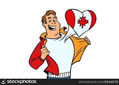 Canada patriot male sports fan flag heart. isolated on white background. Comic book cartoon pop art retro illustration. Canada patriot isolated on white background