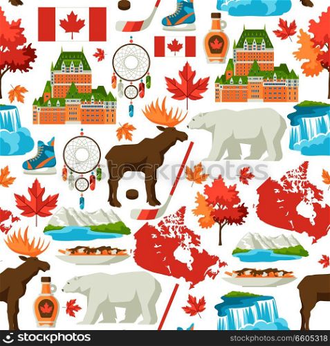 Canada seamless pattern. Canadian traditional symbols and attractions.. Canada seamless pattern.