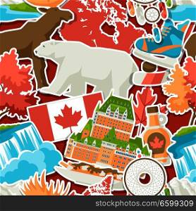Canada sticker seamless pattern. Canadian traditional symbols and attractions.. Canada sticker seamless pattern.