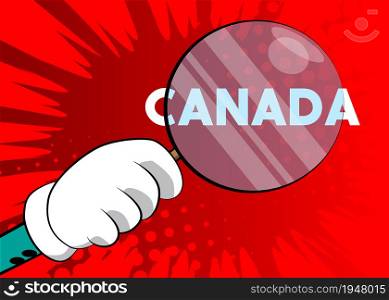 Canada text under magnifying glass illustration on red background.