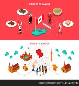 Canada Touristic Attractions Horizontal Isometric Banners . Canadian historical landmarks and attractions for tourists 2 isometric horizontal banners with national cuisine dishes isolated vector illustration