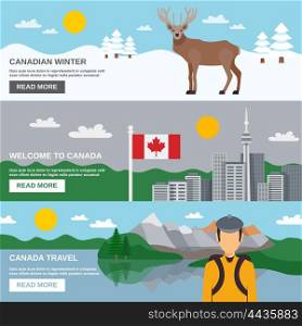Canada Travel Horizontal Banners Set. Canada travel horizontal banners set with winter forest architecture hiking among mountains and lakes isolated vector illustration