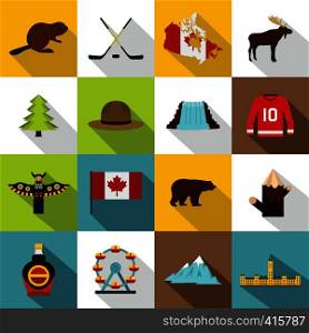 Canada travel icons set. Flat illustration of 16 Canada travel vector icons for web. Canada travel icons set, flat style