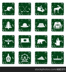 Canada travel icons set in grunge style green isolated vector illustration. Canada travel icons set grunge