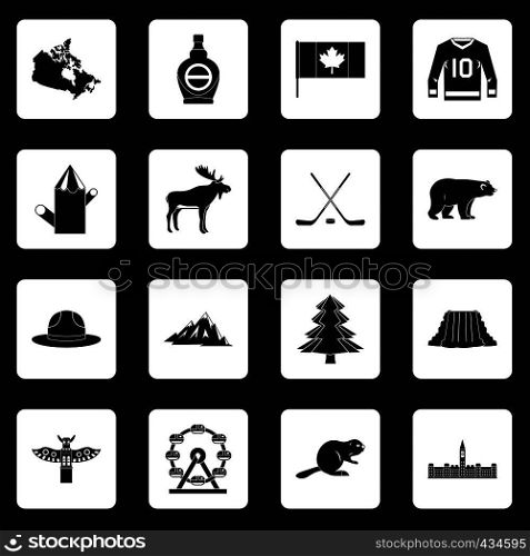 Canada travel icons set in white squares on black background simple style vector illustration. Canada travel icons set squares vector