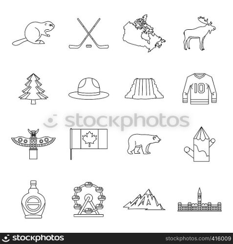 Canada travel icons set. Outline illustration of 16 Canada travel vector icons for web. Canada travel icons set, outline style