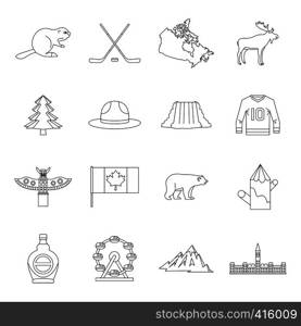 Canada travel icons set. Outline illustration of 16 Canada travel vector icons for web. Canada travel icons set, outline style