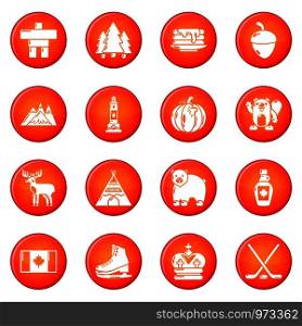 Canada travel icons set vector red circle isolated on white background . Canada travel icons set red vector