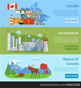 Canada Travel Information 3 Flat Banners . Canadian culture architecture nature and landmarks for travelers 3 flat horizontal banners webpage design isolated vector illustration
