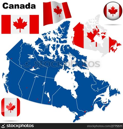 Canada vector set. Detailed country shape with region borders, flags and icons isolated on white background.
