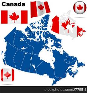 Canada vector set. Detailed country shape with region borders, flags and icons isolated on white background.
