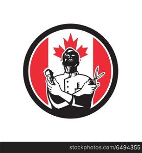 Canadian Barber Canada Flag Icon. Icon retro style illustration of a Canadian barber with scissors and hair trimmer with Canada maple leaf flag set inside circle on isolated background.. Canadian Barber Canada Flag Icon