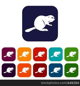 Canadian beaver icons set vector illustration in flat style In colors red, blue, green and other. Canadian beaver icons set flat