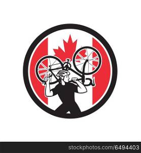 Canadian Bike Mechanic Canada Flag Icon. Icon retro style illustration of a Canadian bike mechanic lifting road bicycle with Canada maple leaf flag set inside circle on isolated background.. Canadian Bike Mechanic Canada Flag Icon