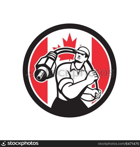 Canadian Cable Installer Canada Flag Icon. Icon retro style illustration of a Canadian cable installer guy holding RCA plug cable with Canada maple leaf flag set inside circle on isolated background.. Canadian Cable Installer Canada Flag Icon