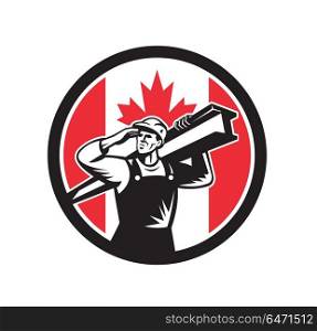 Canadian Construction Worker Canada Flag Icon. Icon retro style illustration of a Canadian construction worker carrying an I-beam on shoulder with Canada maple leaf flag set inside circle on isolated background.. Canadian Construction Worker Canada Flag Icon