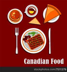 Canadian cuisine breakfast icon with grilled peameal bacon, served with green peas, bread and ketchup, sugar pie, pancakes with maple syrup and tea with lemon. Flat style. Canadian cuisine breakfast food and drink