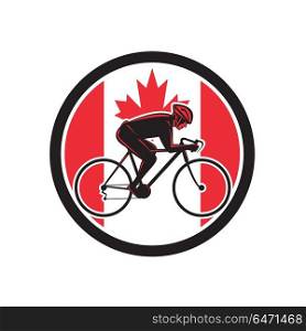 Canadian Cyclist Cycling Canada Flag Icon. Icon retro style illustration of a Canadian cyclist cycling riding a racing road bicycle viewed from side with Canada maple leaf flag set inside circle on isolated background.. Canadian Cyclist Cycling Canada Flag Icon