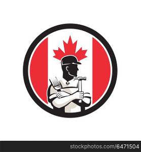 Canadian DIY Expert Canada Flag Icon. Icon retro style illustration of a Canadian DIY Expert, handyman, carpenter, DIYer or renovator with tools with Canada maple leaf flag set inside circle on isolated background.. Canadian DIY Expert Canada Flag Icon