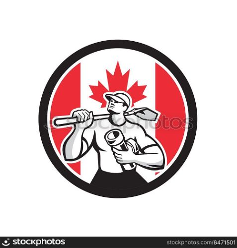 Canadian Drainlayer Canada Flag Icon. Icon retro style illustration of a Canadian drainlayer, drainage specialist or construction worker holding shovel and pipe with Canada maple leaf flag set inside circle on isolated background.. Canadian Drainlayer Canada Flag Icon
