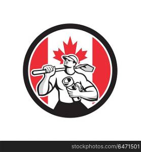Canadian Drainlayer Canada Flag Icon. Icon retro style illustration of a Canadian drainlayer, drainage specialist or construction worker holding shovel and pipe with Canada maple leaf flag set inside circle on isolated background.. Canadian Drainlayer Canada Flag Icon