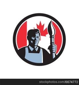 Canadian Fine Artist Canada Flag Icon. Icon retro style illustration of a Canadian fine artist or painter holding paint brush with Canada maple leaf flag set inside circle on isolated background.. Canadian Fine Artist Canada Flag Icon