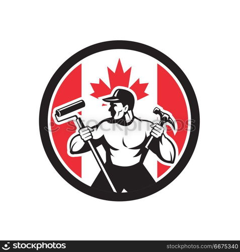 Canadian Handyman Canada Flag Icon. Icon retro style illustration of a Canadian professional handyman or household maintenance guy with Canada maple leaf flag set inside circle on isolated background.. Canadian Handyman Canada Flag Icon