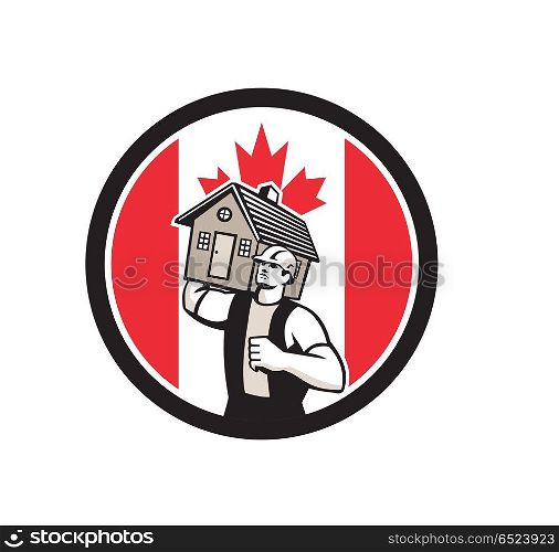 Canadian House Removal Canada Flag Icon. Icon retro style illustration of a Canadian house removal or mover carrying a house with Canada maple leaf flag set inside circle on isolated background.. Canadian House Removal Canada Flag Icon