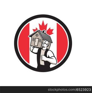 Canadian House Removal Canada Flag Icon. Icon retro style illustration of a Canadian house removal or mover carrying a house with Canada maple leaf flag set inside circle on isolated background.. Canadian House Removal Canada Flag Icon