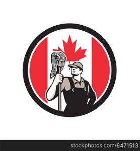 Canadian Industrial Cleaner Canada Flag Icon. Icon retro style illustration of a Canadian professional industrial cleaner or cleaning services worker holding mop with Canada maple leaf flag set inside circle on isolated background.. Canadian Industrial Cleaner Canada Flag Icon